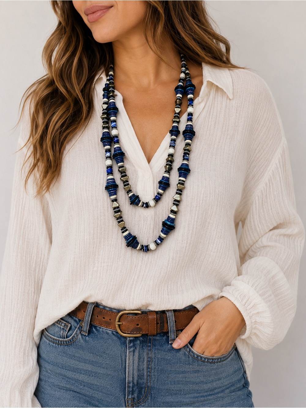Vintage Boho Long Beaded Statement Necklace Blue Ivory Gold